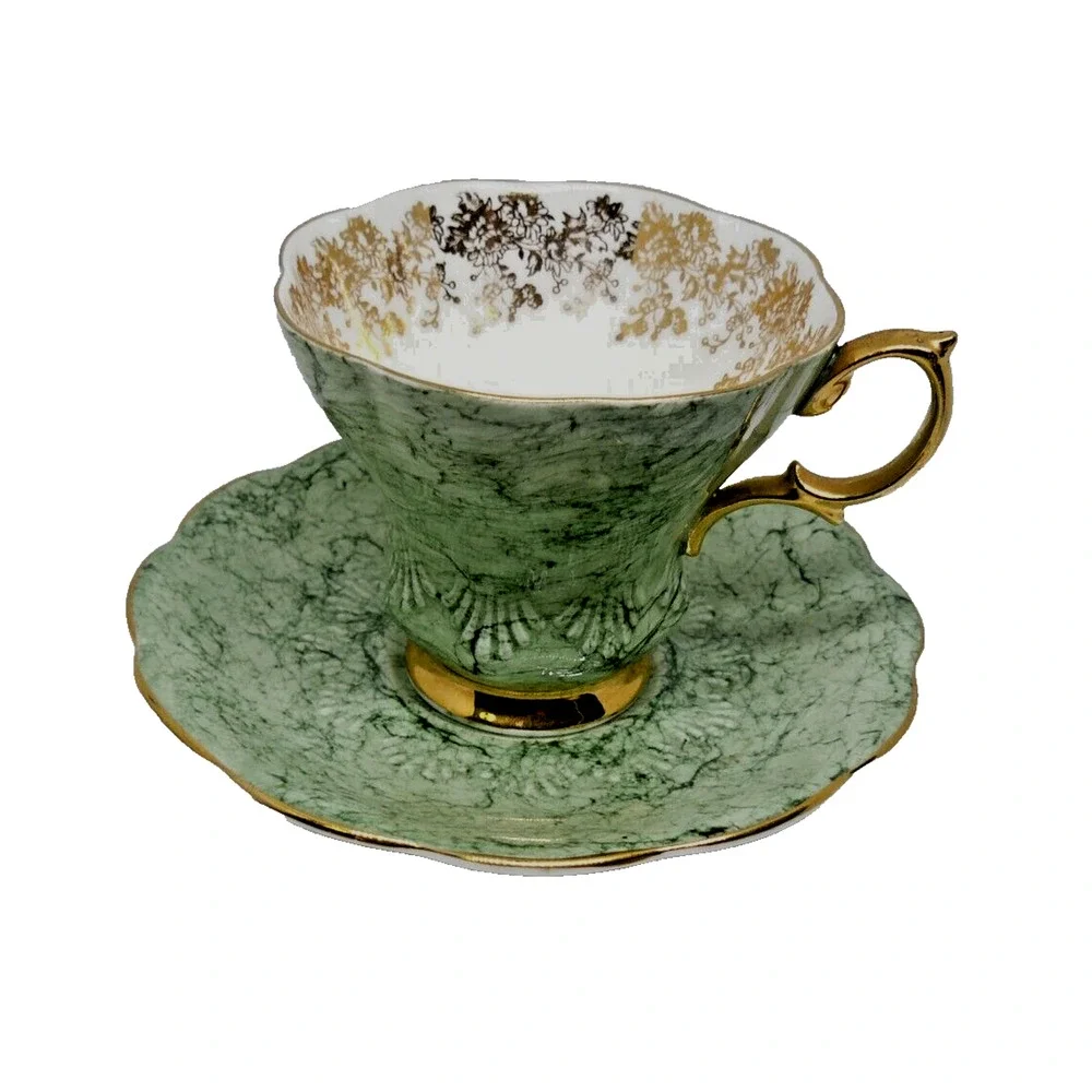Rare Royal Albert Bone China Marbled Green Scalloped Tea Cup And Saucer England
